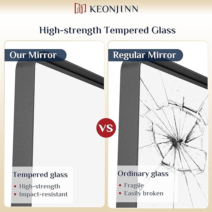 Keonjinn Black Bathroom Mirror for Over Sink, 60” x 28” Large Rounded Rectangle Bathroom Vanity Mirror, Matte Black Modern Decorative Framed Mirror, Anti-Rust, HD Tempered Glass(Horizontal/Vertical)