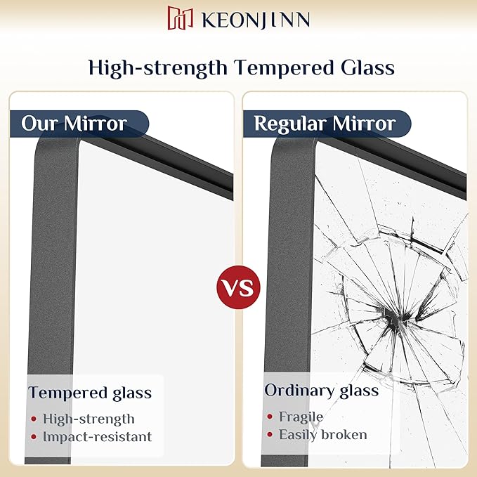 Keonjinn Black Bathroom Mirrors for Over Sink, 48” x 30” Large Rounded Rectangle Bathroom Vanity Mirror, Matte Black Modern Decorative Wall Mirror, Anti-Rust, HD Tempered Glass(Horizontal/Vertical)