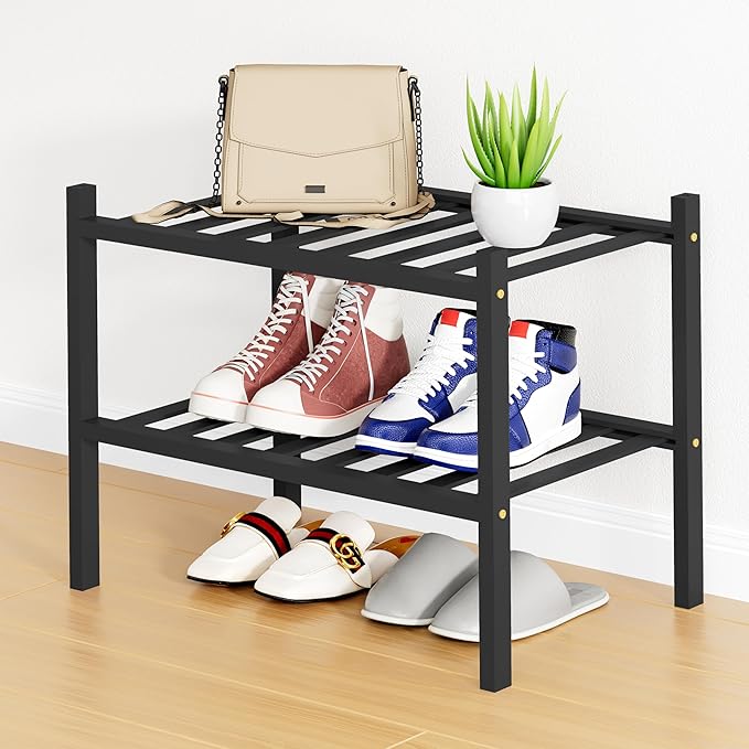 Smiry Shoe Rack, 2 Tier Small Bamboo Shoe Organizer, Stackable Free Standing Wooden Shoe Storage Shelf for Closet, Entryway, Front Door Entrance, Black