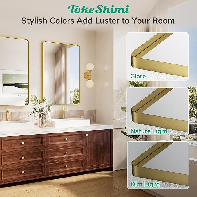 TokeShimi 55x36 Bathroom Mirror Gold,Aluminum Framed Bathroom Mirrors for Over Sink,Rectangle Vanity Mirror Bath,Shatterproof Tempered Glass Wall Mirror Modern(Horizontal/Vertical)