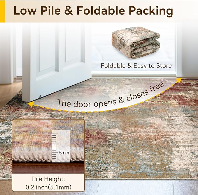 Washable Area Rugs 9'x12' Non-Slip Modern Abstract Soft for Living Room Entryway Bedroom Nursery, Print Pattern, Brown Rust Red Multi