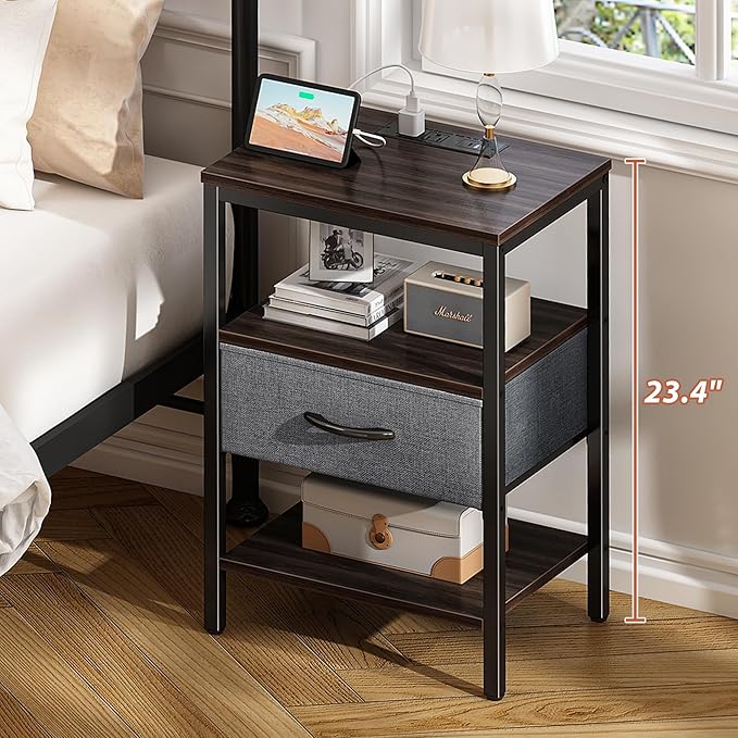 SUPERJARE Nightstand Set of 2, Bed Side Tables with Charging Station, Adjustable Fabric Drawer, Night Stand for Bedroom, 3-Tier Storage End Tables, Walnut