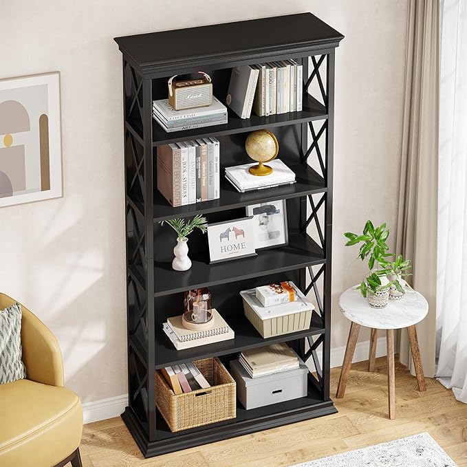 Tribesigns 6-Tier Bookcase, 71 Inches Industrial Bookshelves and Bookcases, Floor Standing 5 Shelf Display Storage Shelves Tall Bookcase for Home Office, Living Room, Bed Room, All Black