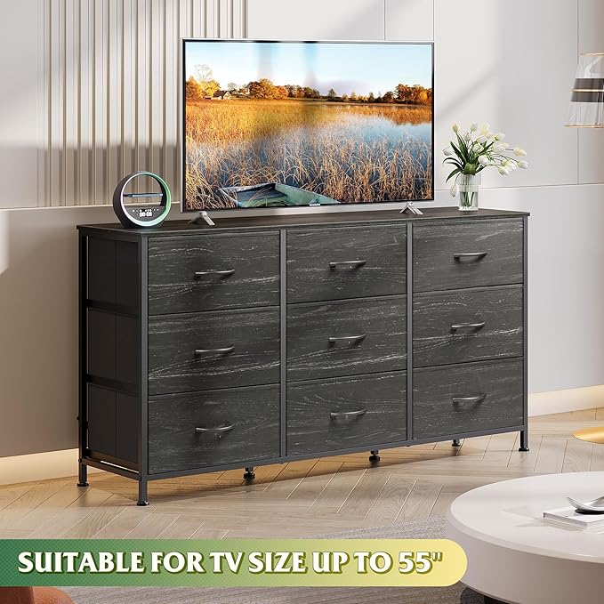 WLIVE 47''W Dresser for Bedroom, Black Dresser TV Stand for 45, 50, 55 inch TV, Wide Chest of Drawers with 9 Drawer, Large Entertainment Center, Fabric Dressers with Wood Top for Closet, Living Room