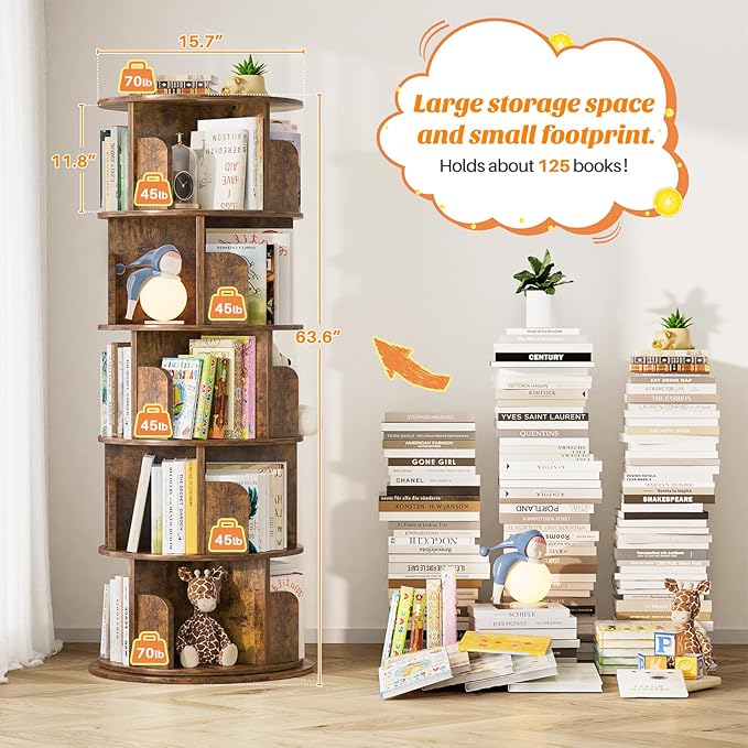 Aheaplus Rotating Bookshelf, 360 Display Wood Spinning Bookshelf Tower, 5 Tier Floor Standing Bookcase Storage Rack, Revolving Bookcase Corner Bookshelfs for Small Space, Study, Bed Room, Rustic Brown
