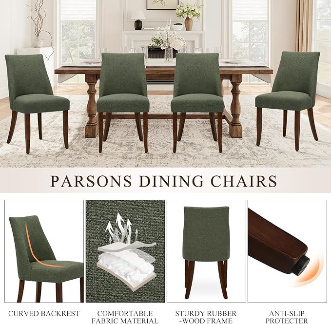 COLAMY Upholstered Dining Chairs Set of 2, Mid Century Modern Kitchen Chairs with Back, Farmhouse Fabric Side Dining Room Chairs with Wood Legs for Dining Room Restaurant, Green