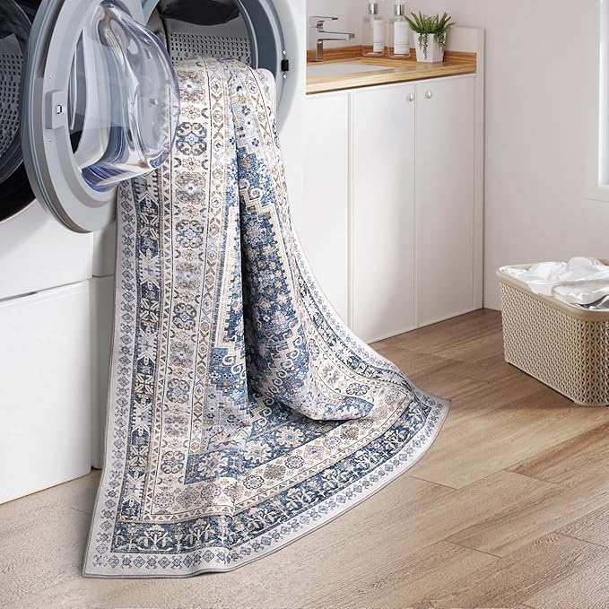 zesthome 7x9 Area Rug, Super Soft Washable Rugs for Living Room, Non-Slip Stain Resistant Vintage Rugs, Ultra-Thin Large Area Rugs (Blue/Beige,7'x9')