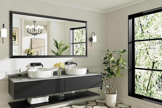 72x36 Inch Black Bathroom Mirror for Wall, Thick Metal Framed Rectangle Mirrors for Over Sink, Bedroom, Living Room, Entryway, Anti-Rust, HD Tempered Glass