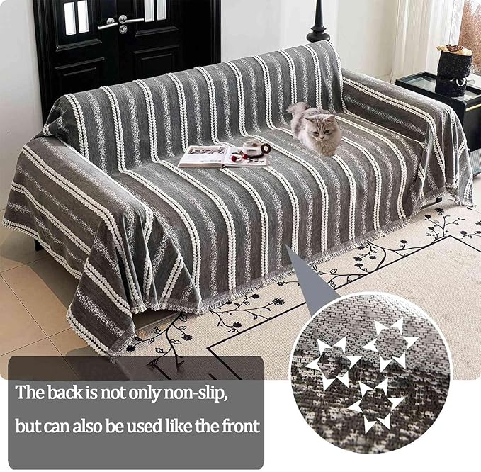 Couch Cover for Dogs Washable Sofa Cover, Sectional Couch Covers, Sofa Covers for 2 Cushion Couch, Non Slip Stripe Sofa Slipcovers Furniture Protector, Couch Protector from Cat Claws, Grey,71''x118''