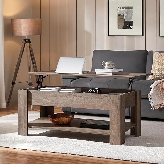 Yaheetech Lift Top Coffee Table with Hidden Compartment and Storage Shelf, Rising Tabletop Dining Table for Living Room Reception Room, 38.6in L, Grey