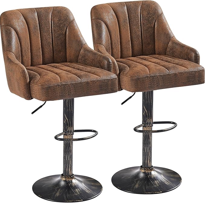 VECELO Bar Stools Set of 2, Adjustable Counter Height Barstools with Back and Arm, Swivel Bar Chair Stools for Kitchen Counter Island Cafe Dining Room, Industrial Style, Brown