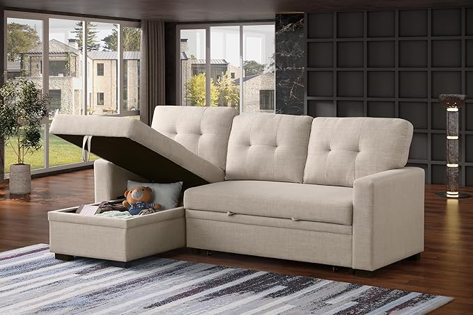 Devion Furniture Meridian 4-in-1 Convertible L Shaped Couch with Pull Out Bed and Storage, Sectional Sleeper Sofa with Reversible Chaise for Living Room, Apartment, Bedroom, Office