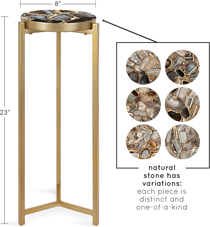 Kate and Laurel Aguilar Glam Drink Table, 8" x 8" x 23", Gold, Transitional Tea Table and Plant Stand with Agate Tabletop