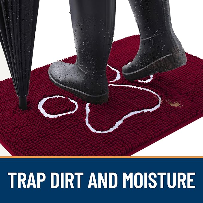 OLANLY Door Mat for Muddy Dog Paws 48x30, Ultra Absorbent Chenille Mud Doormat with Paw Print Design, Non-Slip Washable Doormat for Indoor Entryway, Quick-Dry Pet Bed Mats for Dirty Dogs, Burgundy