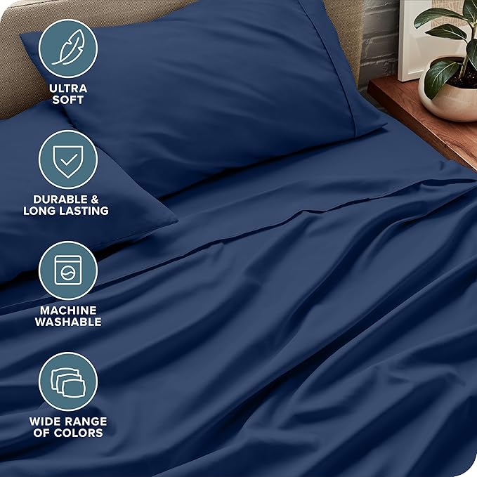 Bare Home Queen Sheet Set - Luxury 1800 Ultra-Soft Microfiber Queen Bed Sheets - Double Brushed - Deep Pockets - Easy Fit - 4 Piece Set - Bedding Sheets & Pillowcases (Queen, Dark Blue)