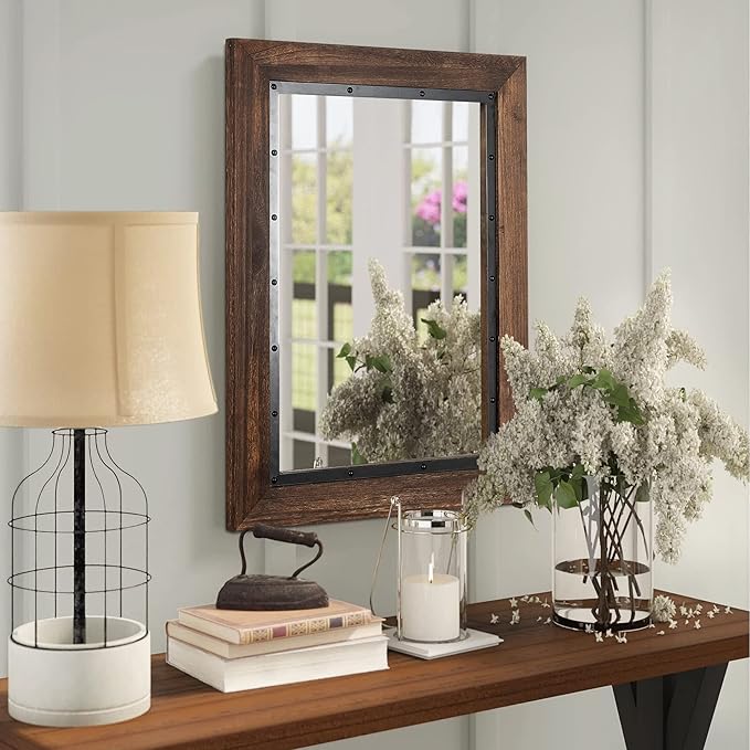 YOSHOOT Rustic Wooden Framed Wall Mirror, 40"x30", Natural Wood and Iron Bathroom Vanity Mirror for Farmhouse Decor, Vertical or Horizontal Hanging