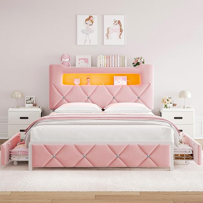 Queen Upholstered LED Bed Frame with 2 Storage Drawers and 2-Tier Storage Headboard,Velvet Princess Platform Bed with Charging Station & Bookcase, Corner Bed Frame, Heavy Duty Metal Support, Pink