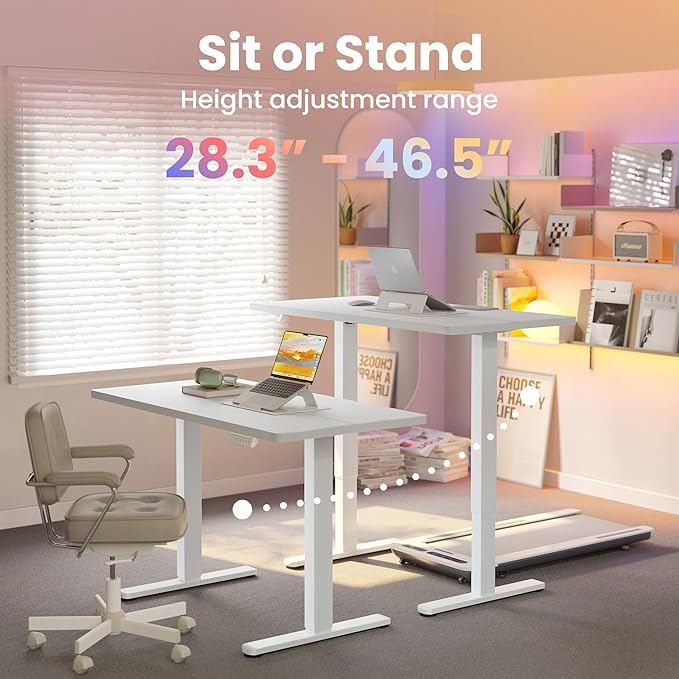 HUANUO Electric Standing Desk, 63 x 24 Inch Height Adjustable Computer Desk with Storage Bag, 4 Height Memory Settings, Sit Stand Up Desk for Home Office, White