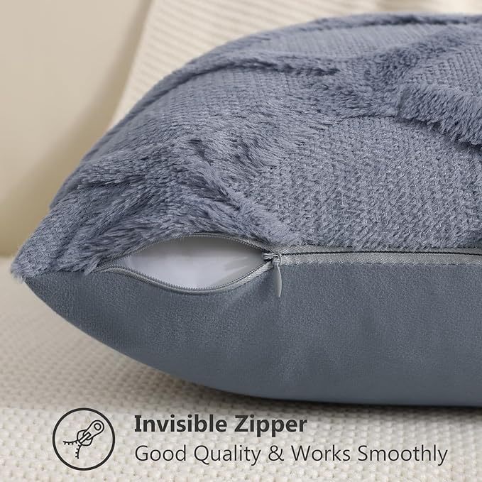 decorUhome Throw Pillow Covers 22x22 Inch Set of 2, Soft Plush Faux Fur Wool Blue Grey Couch Pillow Covers, Decorative Neutral Pillow Cases for Bed Sofa Living Room Home Decor