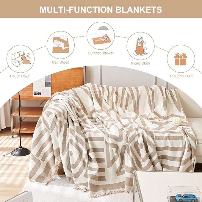 STACYPIK Boho Couch Cover Khaki Triangle Sofa Cover for Dog Cat Anti-Scratch Loveseat Cover Reversible Non Slip Couch Protector for 2 Cushion Couch Chenille Jacquard Couch Cover for Sectional-71X118IN