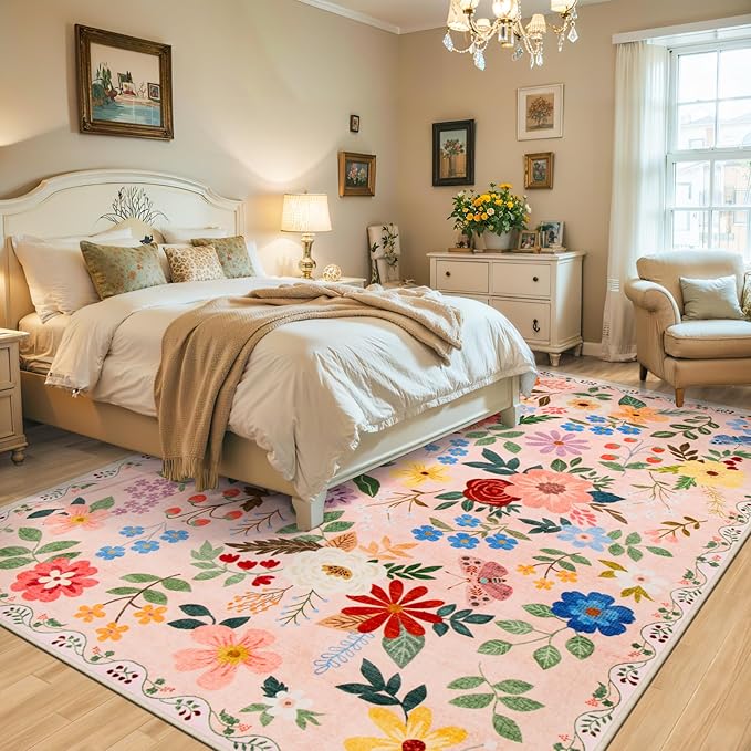 Area Rugs 9x12 Living Room: Floral Washable Rug Vintage Large Soft Boho Non-Slip Carpet Indoor Floor Stain Resistant Low Pile Carpets for Bedroom Dining Room Farmhouse Nursery Home Office Dark Beige
