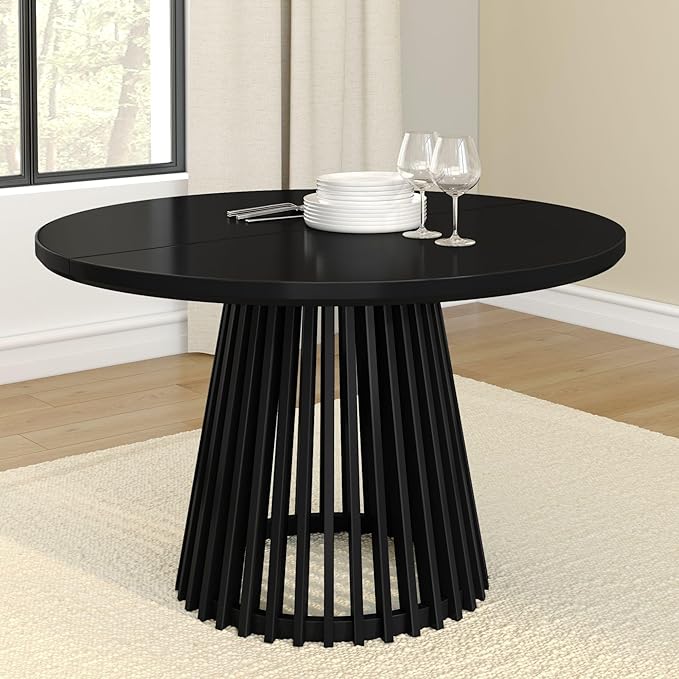 Plank+Beam Lido Round Dining Table, 47", Wooden, Pedestal, Minimalist Kitchen Table for 4 for Dining Room, Black