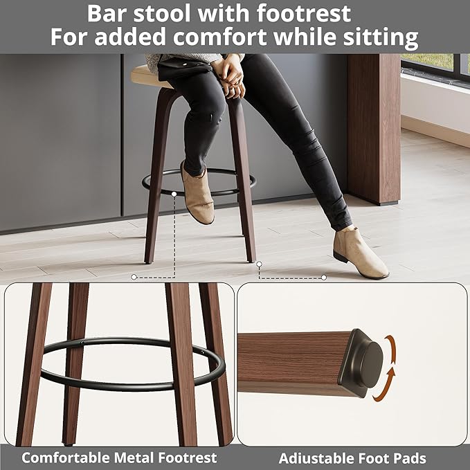 IRONCK Counter Height Bar Stools Set of 2, 29'' Faux Leather Upholstered Barstools with Back, Footrest, Wood Texture Bent Legs, Mid-Century Modern 360° Swivel Bar Stools for Kitchen Island, White