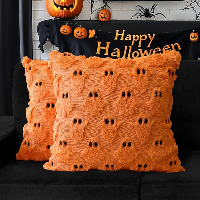 4TH Emotion Halloween Ghost Decorative Pillow Covers 20x20 Set of 2, Orange Soft Plush Faux Fur Farmhouse Throw Cushion Cases for Fall Autumn Holiday Home Decorations