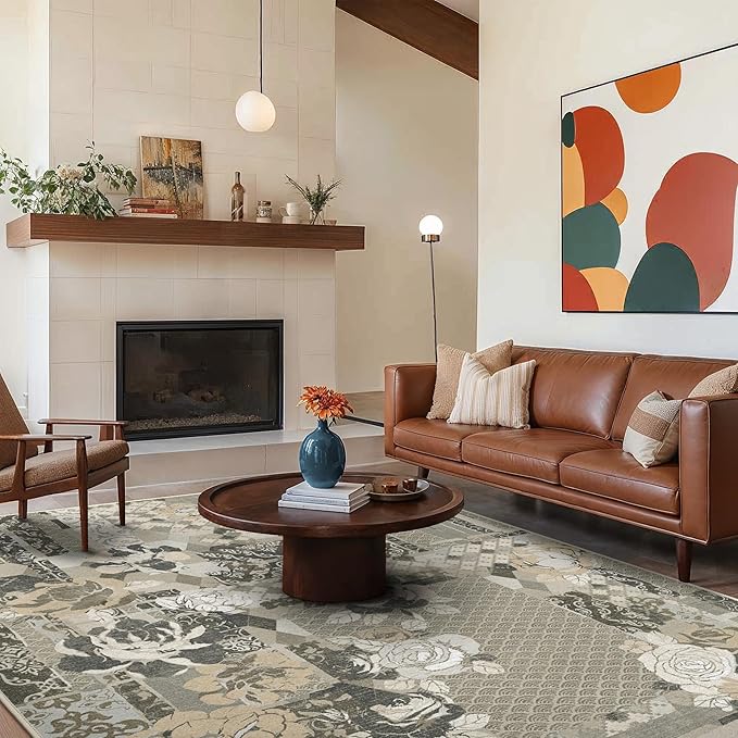 GENIMO 5X7 Floral Area Rugs for Living Room, Machine Washable Non Slip Vintage Patchwork Washable Rug, Ultra-Thin Low Pile Chenille Rugs for Bedroom, Dining Room, Taupe Gray