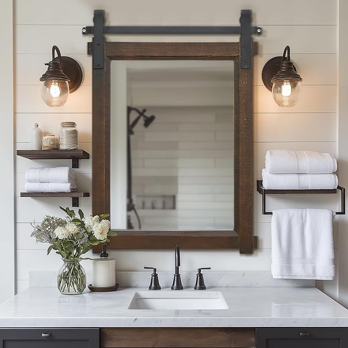 Farmhouse Barn Door Mirror: 22"x30" Black Rustic Wood Frame Mirror for Wall - Home Decor for Entryway/Bathroom/Living Room