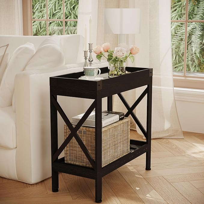 Narrow Side Table, Slim End Table with Charging Station for Small Spaces, with 2 USB and 2 Power Outlets, 21.7" L x 10" W x 21.7" H