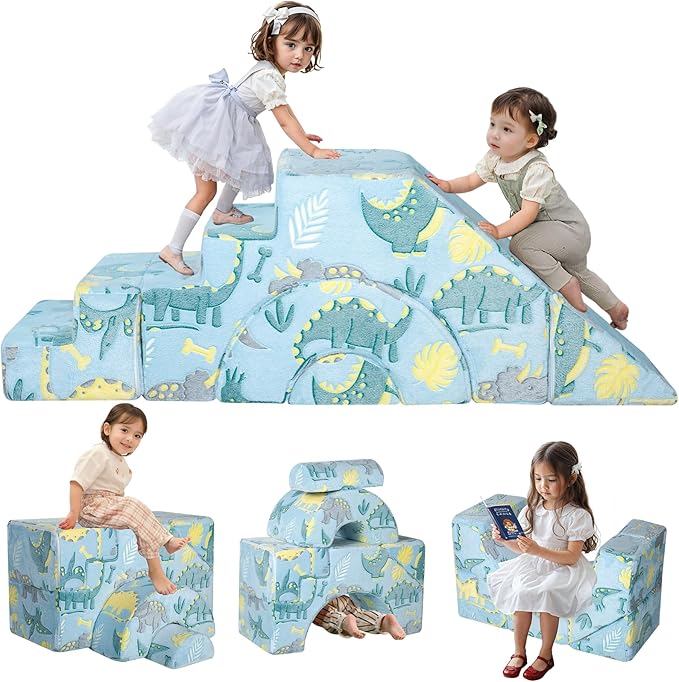 MeMoreCool Foam Climbing Toddler Couch, Modular Kids Sofa with Slide & Stair, Convertible Baby Couch for Playroom, Sectional Furniture for Crawling, Climbing, and Kids’ Play