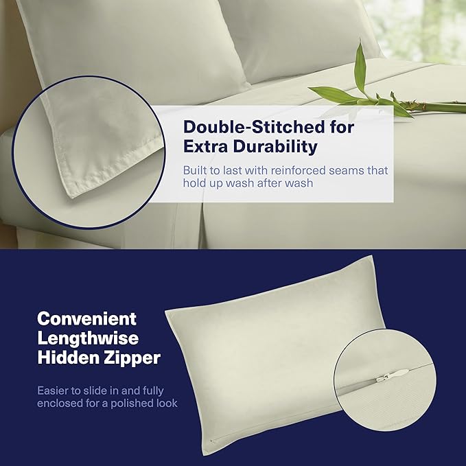 Kickoff Viscose Bamboo Sheets Twin XL Size 3-pc 100% Organic Bamboo Viscose Bed Cooling Sheets Twin XL Size Set Cool Bedding for hot Sleepers Sheet, Flat, Fitted, Pillowcase (Soft Sage, TXL)