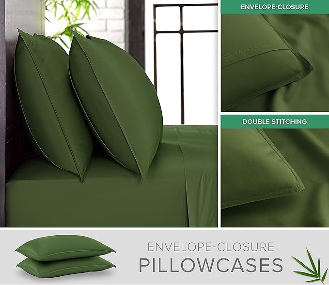 California King Sheets by Pure Bamboo, Genuine 100% Organic Viscose Derived from Bamboo Bed Sheet Set, Soft & Cooling, Double Stitching, Lifetime Quality Promise (California King, Pesto)