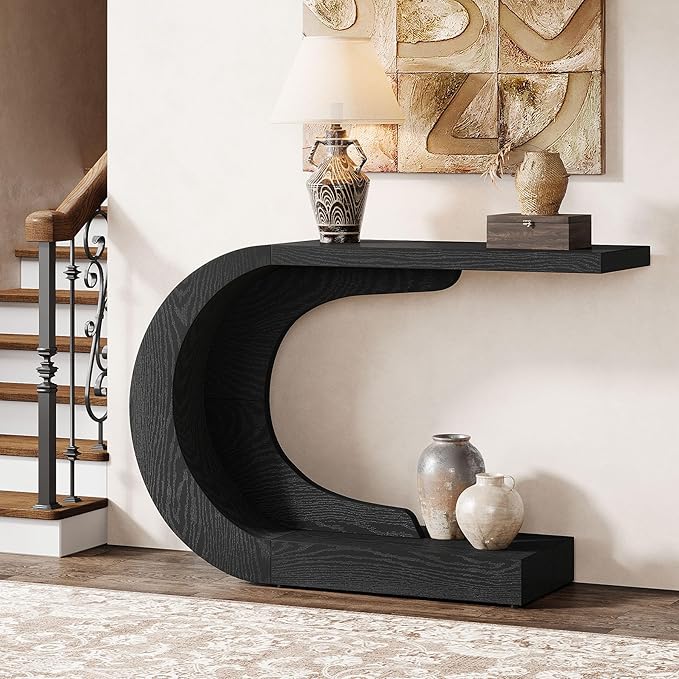 Tribesigns 43.3" Mid-Century Modern Console Table for Entryway, Wood C-Shaped Hallway Entry Accent Table for Living Room, Entrance, Foyer, Easy Assembly, Black