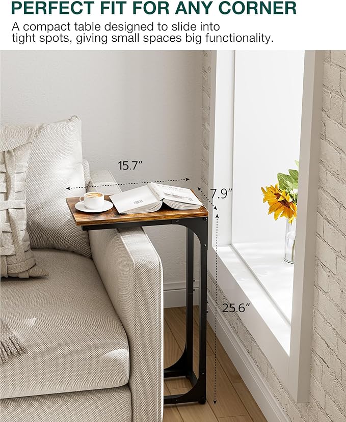 C-Shaped Side Table for Couch - Small Coffee Stand Sofa Tray Desk with Sturdy Metal Frame and Waterproof Scratch Resistant Wood Surface, Modern End Accent for Living Room, Bedroom,Rustic Brown