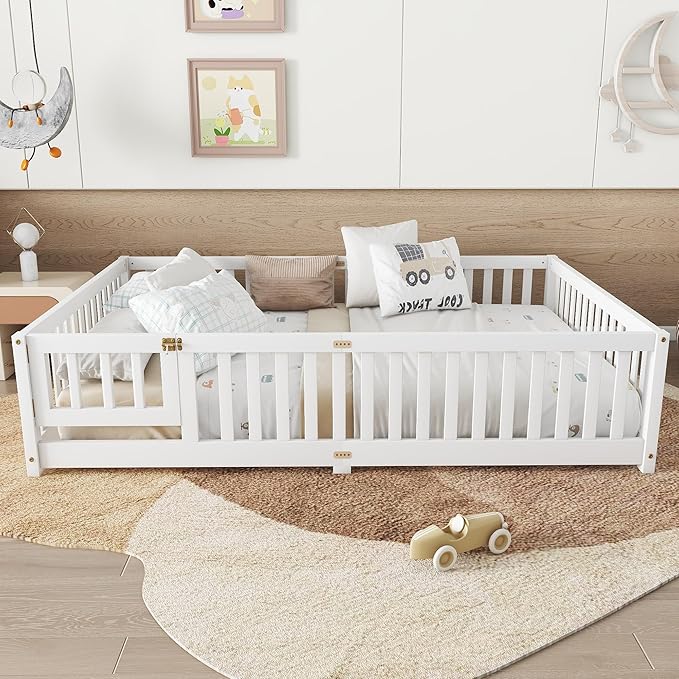 Queen Size Floor Bed Frame with Slats and Safety Guardrail, Wood Queen Size Montessori Floor Bed with Door and Fence, Easy Assemble Montessori Beds for Kids, Girls, Boys, White