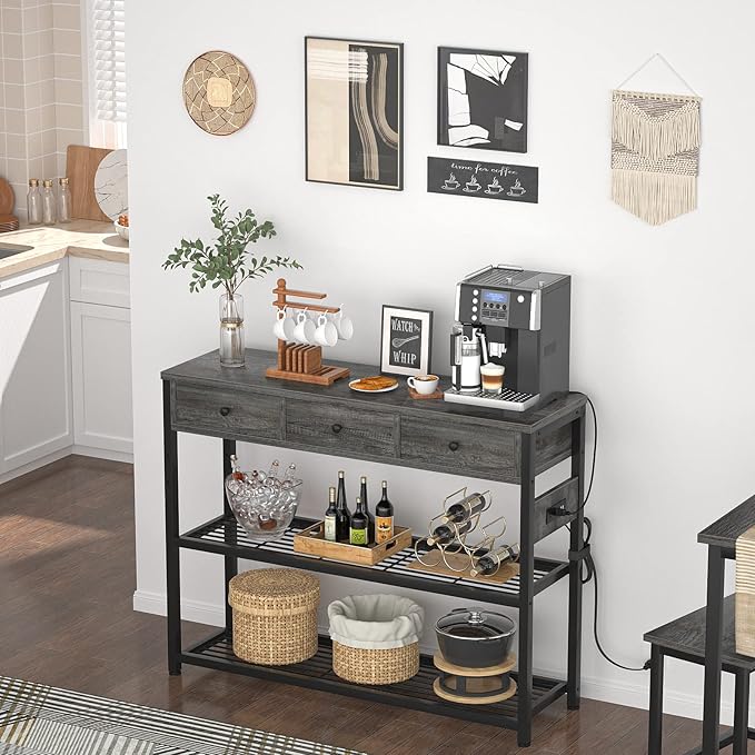 Ecoprsio 47'' Entryway Table with Outlets and USB Ports, Console Table with 3 Drawers, Sofa Table Narrow Long with Storage Shelves for Living Room, Couch, Hallway, Foyer, Kitchen Counter, Grey