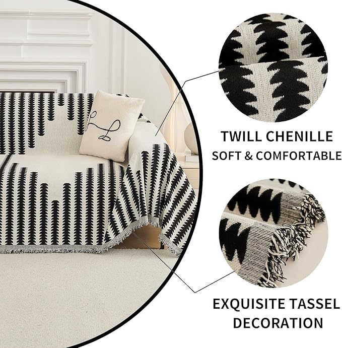 HAOMAIJIA Boho Sofa Covers for 3 Cushion Couch - Pet Friendly Soft Thick Non Slip Cover for Dogs - Washable Sectional L Shape Furniture Protector (Black, 71"x134")