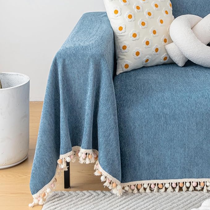 HANDONTIME Couch Slipcover Dog Sofa Covers Boho Couch Cover for Dogs Blue Sofa Throw Cover Bohemian Sofa Covers for 3 Cushion Couch Herringbone Sectional Couch Cover Slipcovers for Sofas, 91" X134"