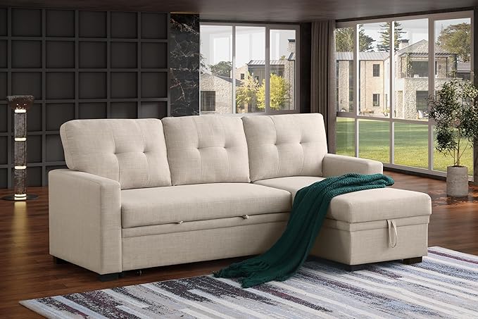 Devion Furniture Garisa 4-in-1 Convertible L Shaped Couch with Pull Out Bed and Storage, Sectional Sleeper Sofa with Reversible Chaise for Living Room, Apartment, Bedroom, Office