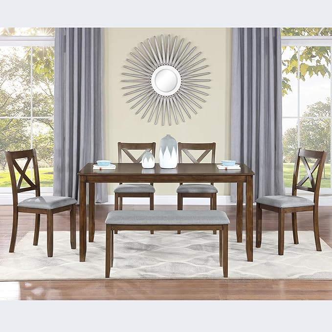 KEIKI 6-Piece Standard Height Dining Table Set with Rectangular Table, 4 Upholstered X-Shaped Backrset Chair, Bench, for 6 Person, Modern Table Set, Easy Assembly, for Kitchen, Dining Room, Walnut