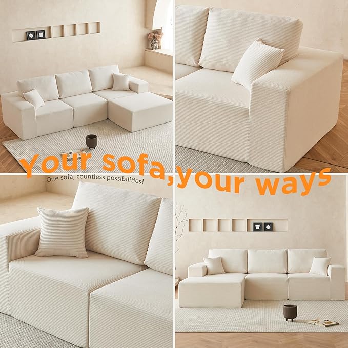 INGEROOM 108" Cloud Sectional Couch, Modular Sectional Sofa with L-Shaped Chaise, Modern Plush Corduroy Couch for Living Room Bedroom, No Assembly Required, Deep Seating（Beige）