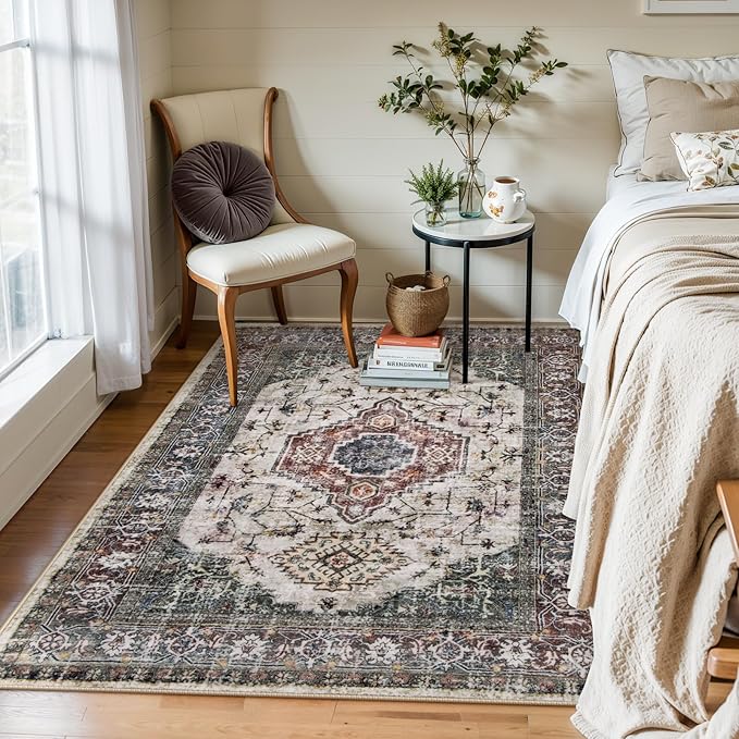Lahome Oriental Washable Rug, 3x5 Rugs for Bedroom Living Room Entryway, Vintage Ultra-Thin Non-Slip Soft Throw Carpet for Kitchen Office Entrance, Brown/Grey