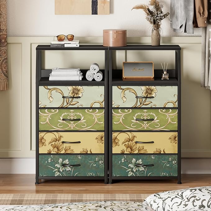 Furnulem Retro Dresser for Bedroom, Small Dresser for Closet, Vintage Nightstand with 4 Drawers, Fabric Storage Organizer Bedside Table Side Furniture, Metal Frame, Wood Top