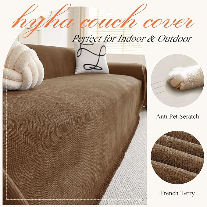 hyha Couch Cover for Dogs, Boho Sofa Covers for 3 Cushion Couch Washable, Chenille Sofa Slipcover for Pets, Soft Loveseat Sectional Couch Throw Blankets with Tassels (Chocolate, 71x150 Inch)