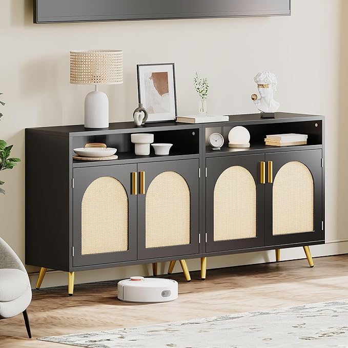 DWVO Buffet Cabinet with Storage, Black Sideboard Cabinet w/Rattan Decorated Doors, Modern Coffee Bar Cabinets w/Adjustable Shelves for Kitchen & Living Room, Set of 2