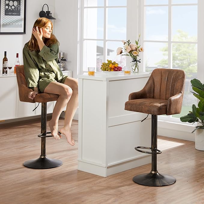 VECELO Bar Stools Set of 2, Adjustable Bar Stools Counter Height Barstools with Back and Arm, Swivel Bar Chair Stools for Kitchen Counter Island Cafe Dining Room, Industrial Style, Dark Brown