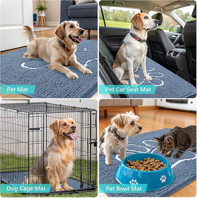 OLANLY Door Mat for Muddy Dog Paws 48x30, Absorbent Chenille Doormat with Paw Print Design, Non-Slip Washable Doormat for Indoor Entryway, Quick-Dry Pet Bed Mats for Dirty Dogs, Airy Blue and White