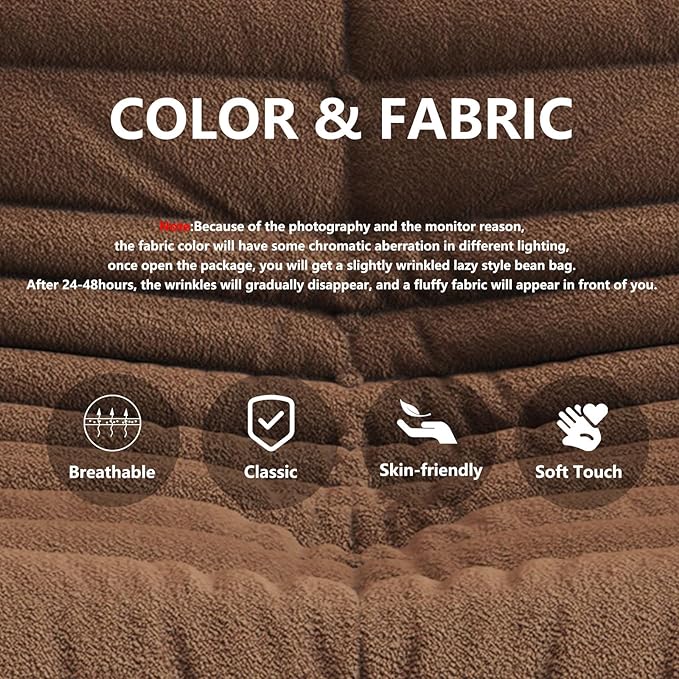 Bean Bag Chairs for Adults, BeanBag Reading Chair Memory Foam Couch 3-Seater, Floor Chair Soft Teddy Material, Comfy Reading Nook Chairs for Bedroom Living Room Office (Brown)